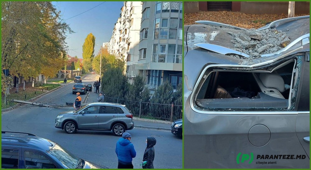 FLASH // Caz inedit în Capitală. Un stâlp a căzut peste un automobil